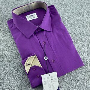 Mens Tayion Purple Dress Shirt L 16-16.5 34/35 Gold Trim Solid NWT 5793